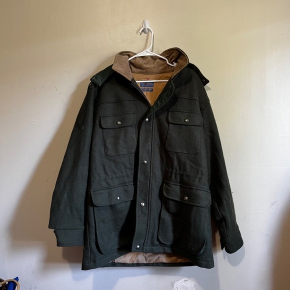 VTG Pendleton Outdoorsman Virgin Wool  Mens M Thinsulate Green Field Coat Hooded